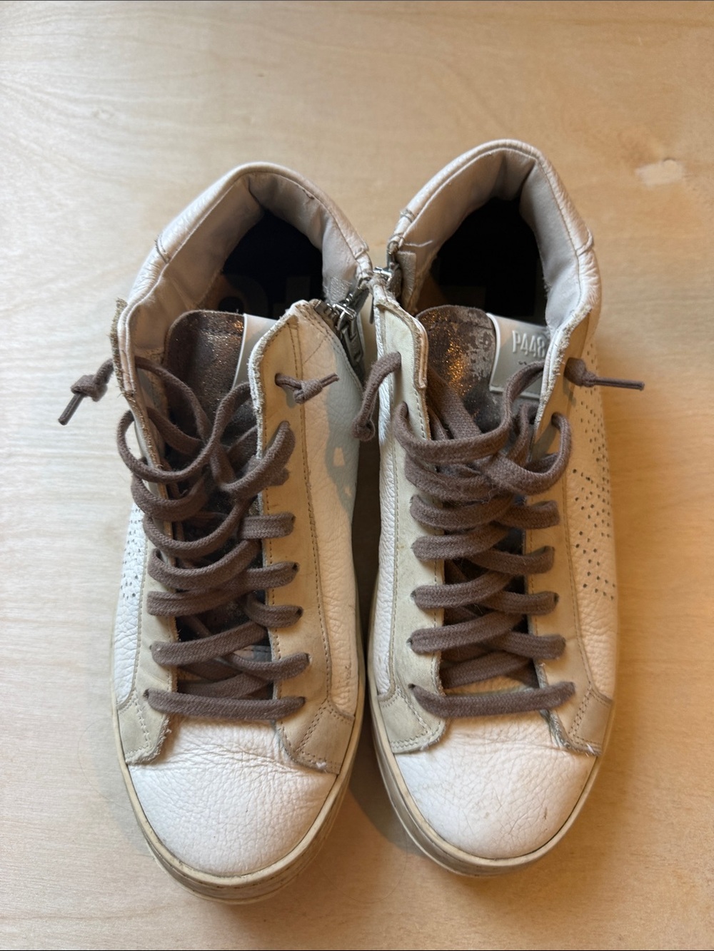 P448 Beige Leather Low-Top Sneakers with Brown Laces